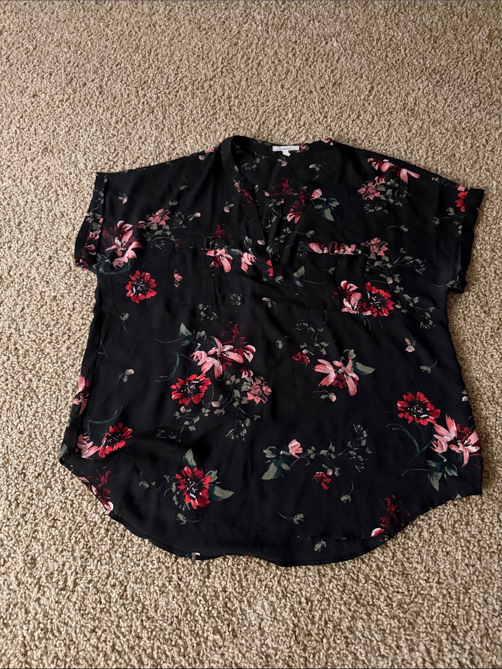 Maurices Black Floral Short-Sleeve Blouse with Pink & Red Blooms